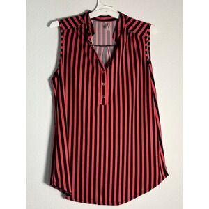 PerSeption Concept Red Black Striped Sleeveless Blouse XL Button Neck Top